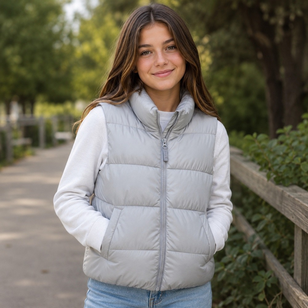 Old Navy Kids XL 14 Puffer Vest Light Gray Fleece Lined Quilted Full Zip Jacket